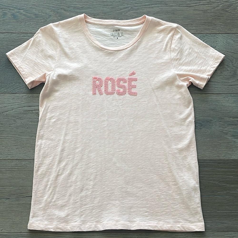 J. Crew Peach with Pink Sequined “Rose” Crew Neck Collector Tee-Small